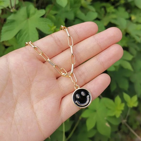 Black Smiley Face Paperclip Necklaces, Gold Chain  - Positive Happy Jewelry‎ - Picture 1 of 5